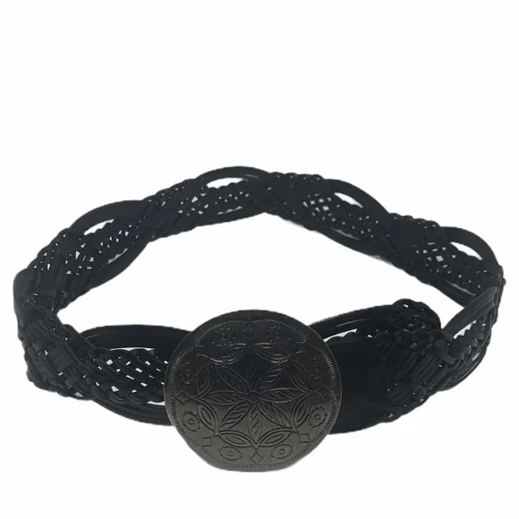 New York & Co Braided Brown Leather Belt Silver Medallion Buckle - Picture 10 of 14